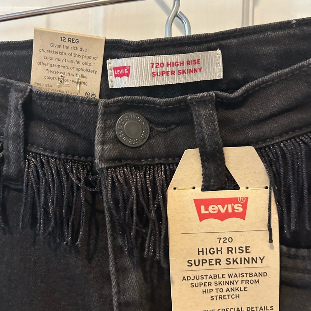 Levi's Charcoal High Rise Super Skinny Jeans with fringe